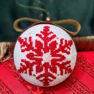 Handmade Christmas Ornament with Red Cross-Stitch Snowflake – Holiday Tree Decor